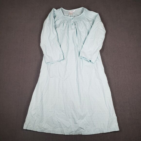 CuddleDown Nightgown Womens Small Smocked Cotton Sleep Dress Blue Dot - Picture 1 of 8